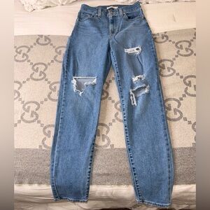 Levi's High Waisted Mom Straight Leg Jeans in Distressed Light Blue